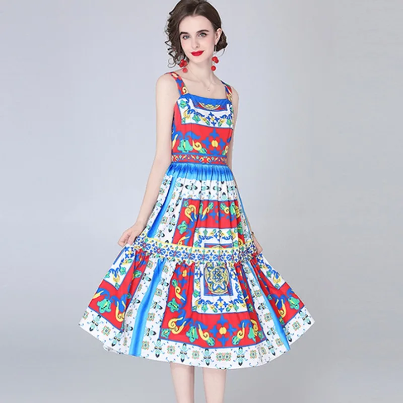 

2022 Summer Spaghetti Strap Flower Dress Women's Sleeveless Backless Elegant Floral Print Vacation Midi Beach Boho Vestido