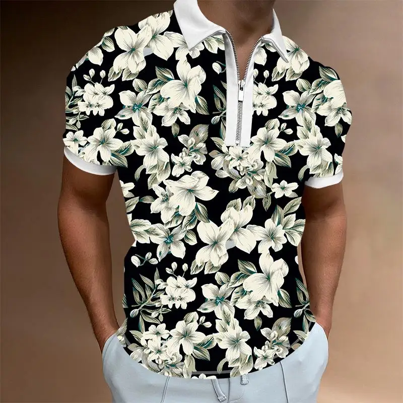 

floral 3d digital printing fashion high street crease resistant waterproof short sleeve shirt men's casual zip-up lapel polo