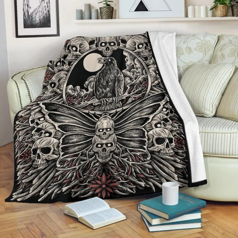 

Skull Occult Raven Crow Moth Blanket Color Version-Skull Blanket-Goth Skull Blanket-Skull Occult-Blanket-Skull Decor-