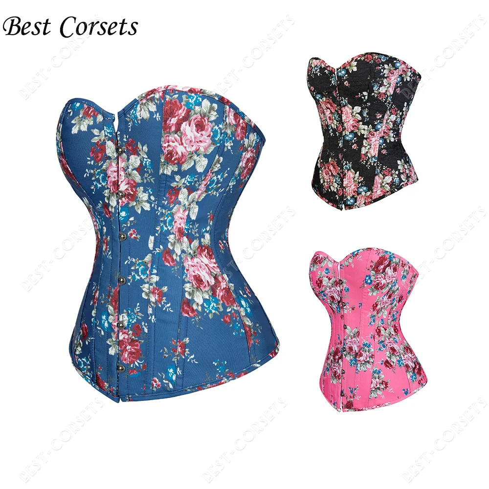 

Women Vintage Corset Plus Size Retro Flowers Corset Top Medieval Renaissance Print Overbust Corset Black Blue Pink