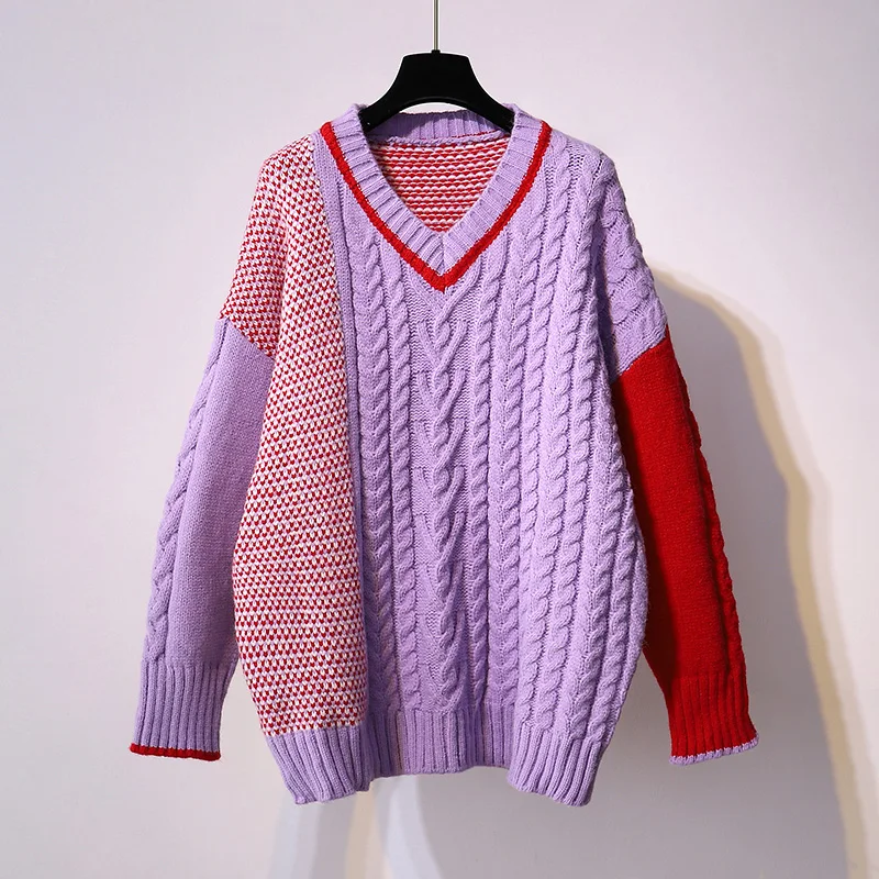 

Autumn and Winter New Fashion Women's Pullover 2021 Full Sleeves High Street V-neck Contrast Patchwork Wild and Loose Pullovers