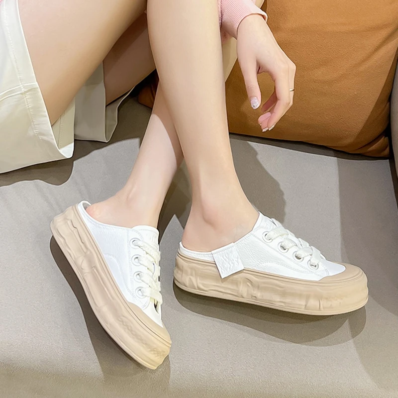 Women Slippers Thick Bottom Round Head Vulcanized Shoes Outdoor Lace Up Comfortable Non-slip Walking Sneakers Sapatos Feminino