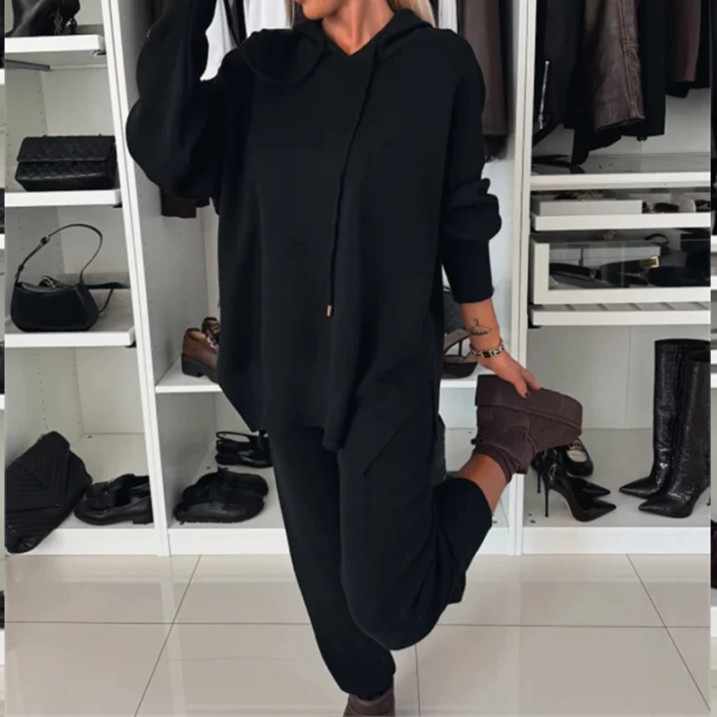 Autumn Winter Women's Hooded Top 2 Piece Set Casual Solid Loose Sports Pants Suit New 2024 Fashion Commuting Sweatshirt Outfits