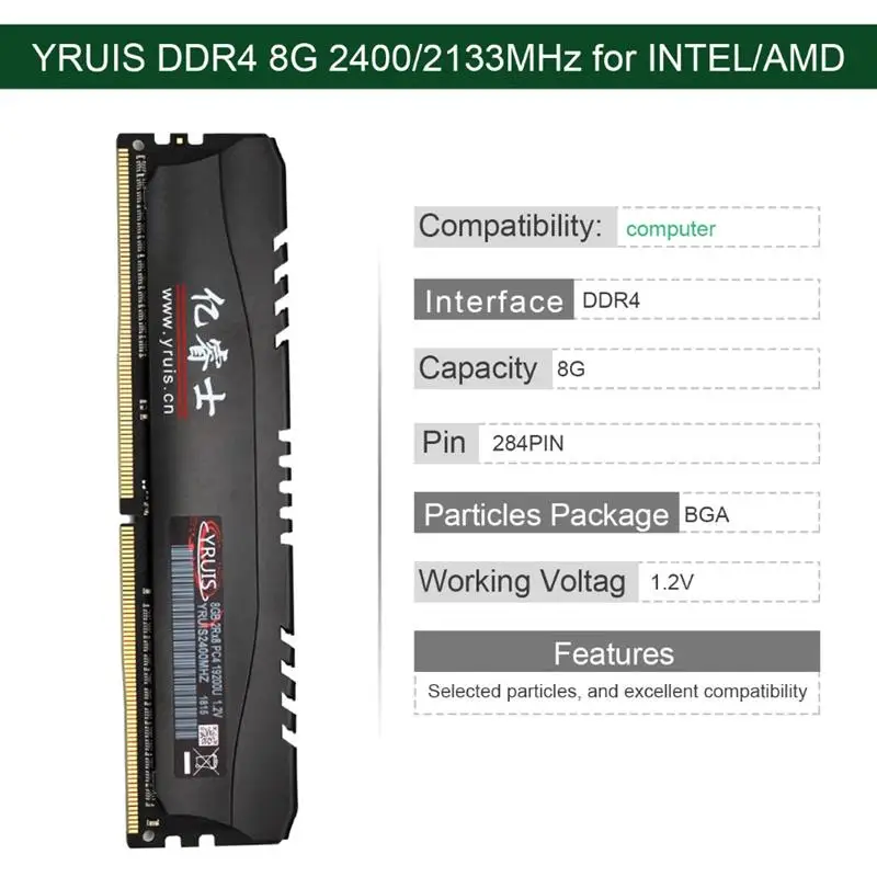 

8G Memory DDR4 2133/2400MHz 284Pin 1.2V Computer RAM High Speed Read/Write Noiseless Desktop Memory With Heat Sink For AMD/INTEL