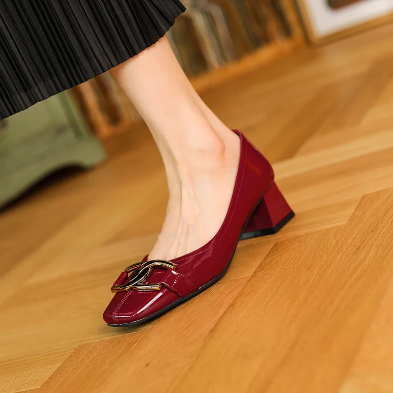 Ladies Square Toe ShoeHigh Heels Sheepskin Thick French Retro Single Patent Leather Metal Women Girls Size34-39 Autumn | Обувь