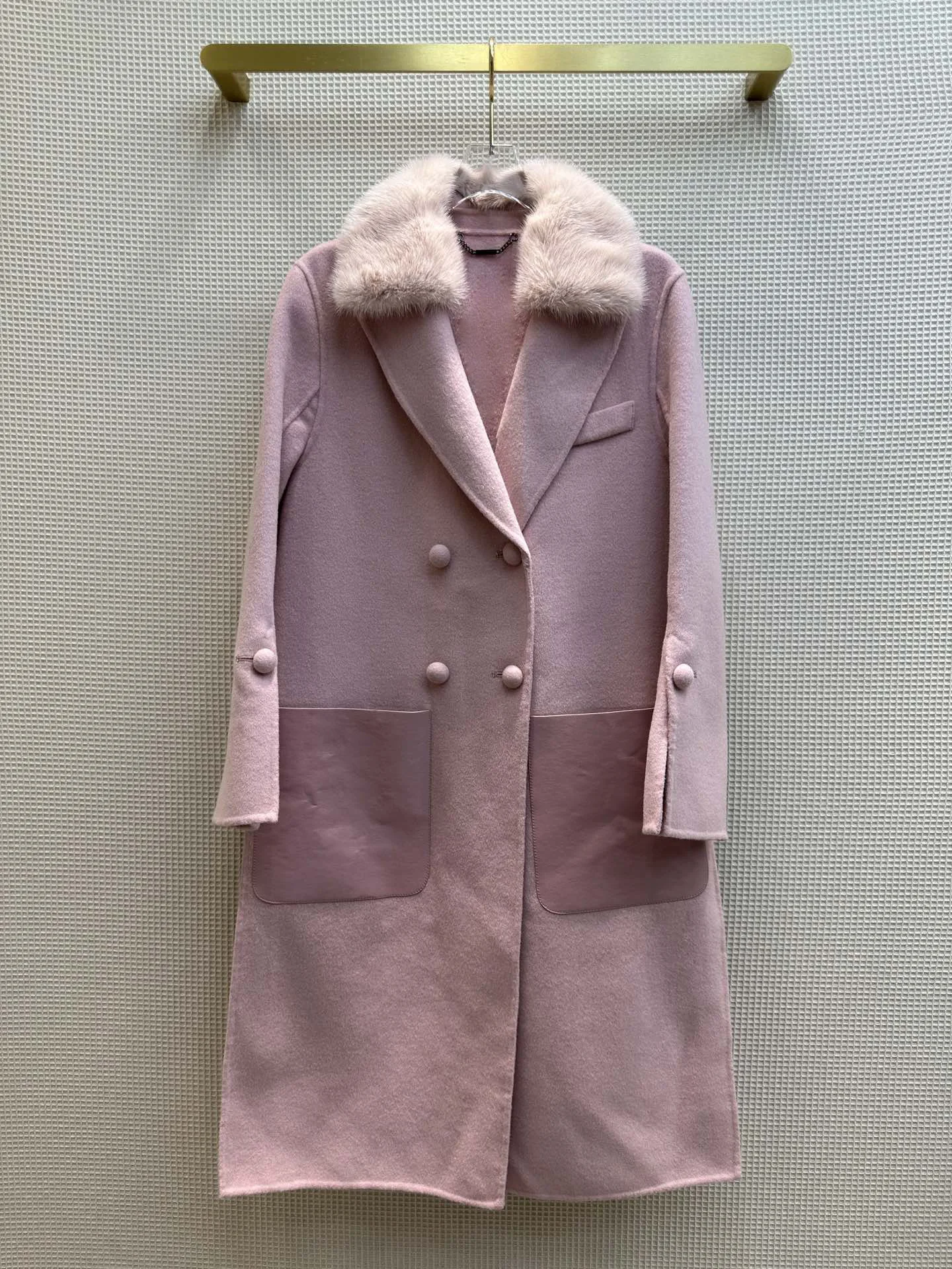 

2023Autumn and winter new double pocket mink collar wool cashmere coat imported cashmere blend fabric