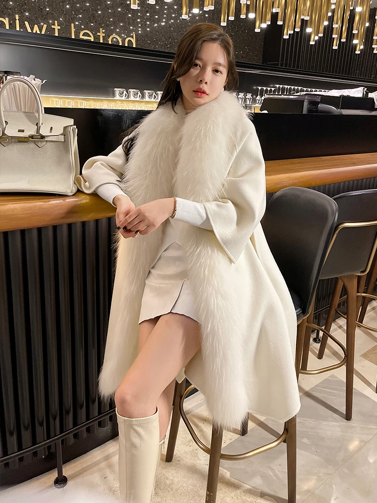 2022 winter new raccoon fur lace-up woolen coatHigh-end big white Raccoon fur collar double-sided cashmere coat women's mid-leng enlarge