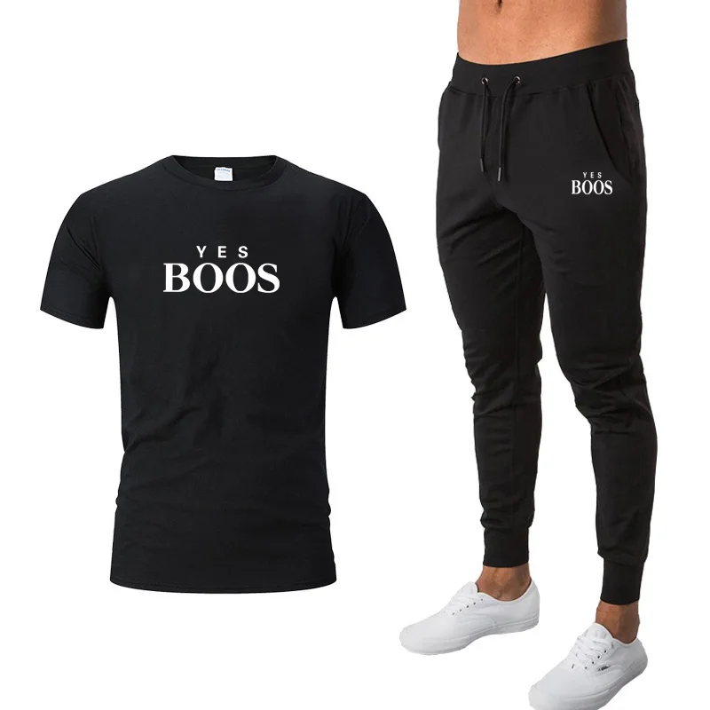 

Men's Shirt Tracksuit Two Pieces Sets Men Casual Fitness Sport Suit Short Sleeve T Shirt+Trousers Men's Casual Sportswear Suits