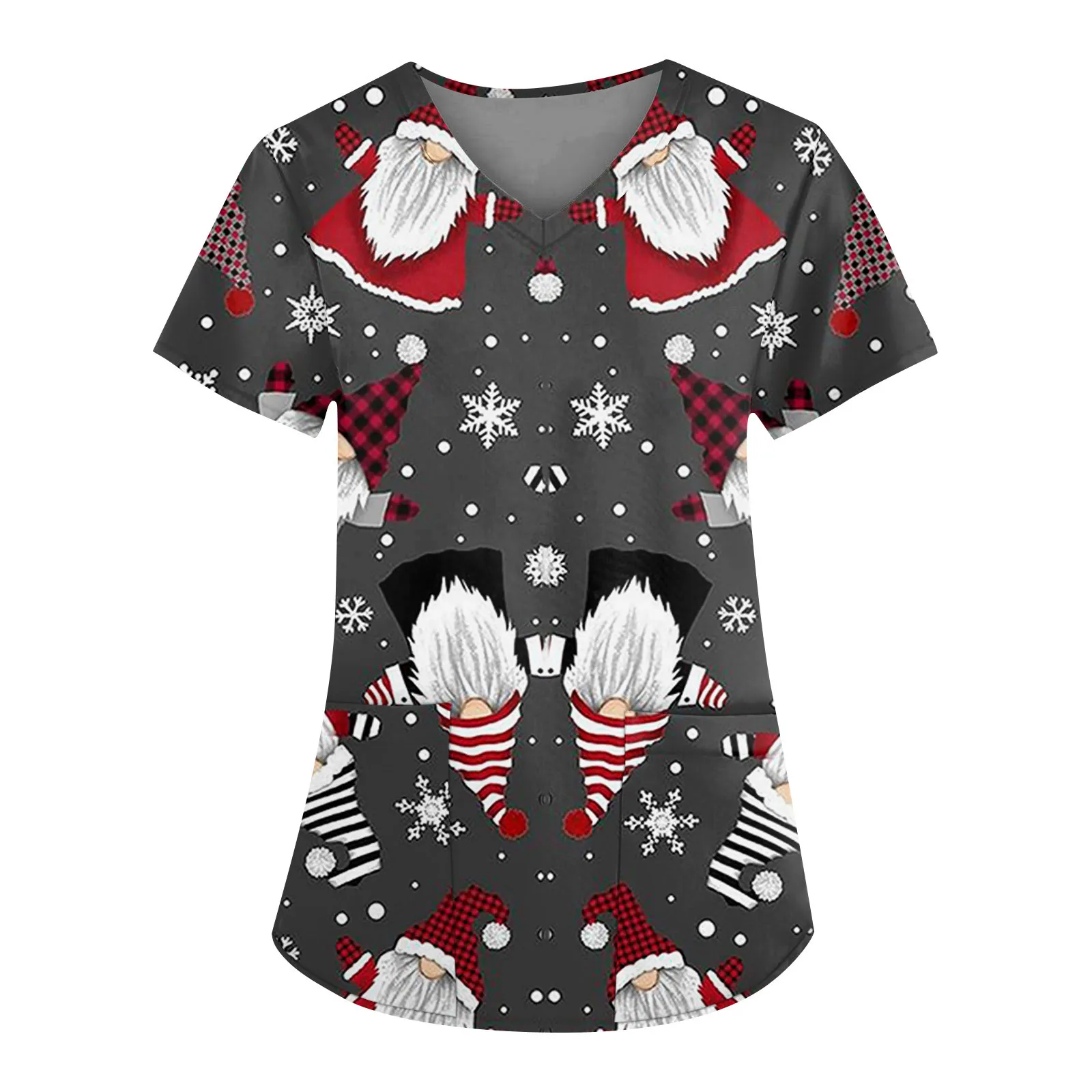 

Fashion Nurse Scrub Working Uniform Tops For Women's V-Neck Christmas Print Short Sleeve Fun T-Shirts Workwear Tee With Pockets