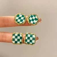 s925 needle women jewelry green plaid resin earrings popular vintage temperament square round stud earrings for women gifts
