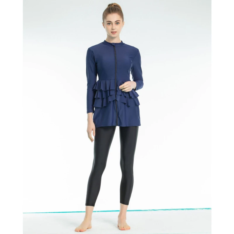 Women Muslim Split Dressing Swimwear Swimsuit Sets with Chest Cuison Bracket High Rise Cyan Bikini Bath Swimming Suit Islamic