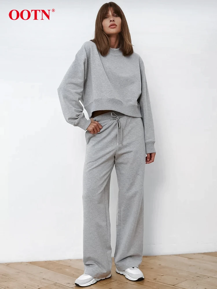 

OOTN Fall Gray Casual Suits Women Sport Terry Long Sleeve Pullovers Drawstring Wide Leg Pants Two Piece Sets 2023 O Neck Tops