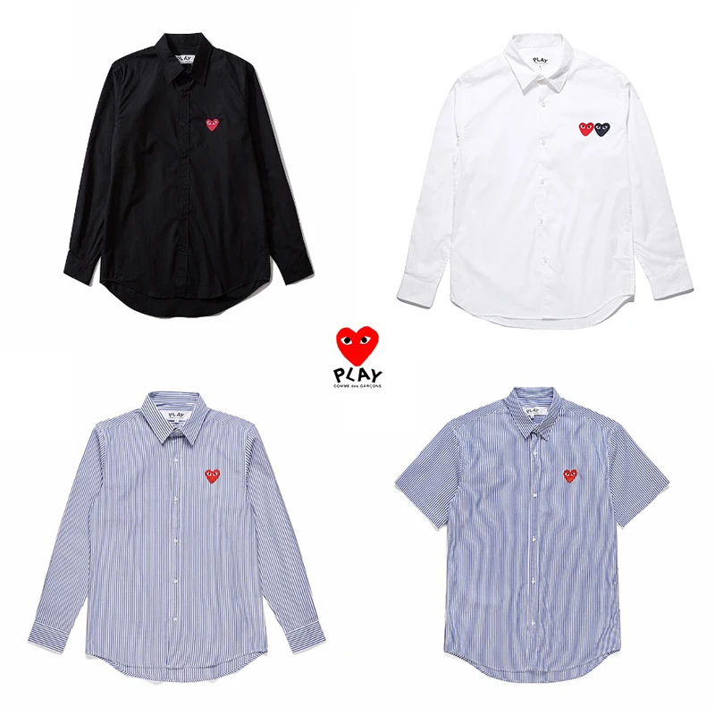 

New Fashion Men Woman CdG PLAY Shirts Casual Couple Stripe Tops Love Embroidery Simple Lapel