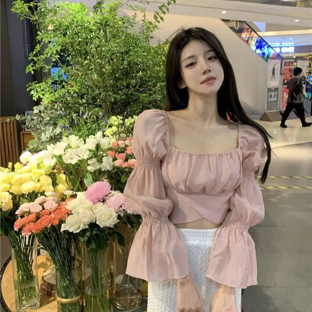 

Yfashion Women Blouse Shirts Tops OL Lady Solid Color Cute French Style Square Neck Bell Sleeve Sweet Back Bowknot Crop Tops