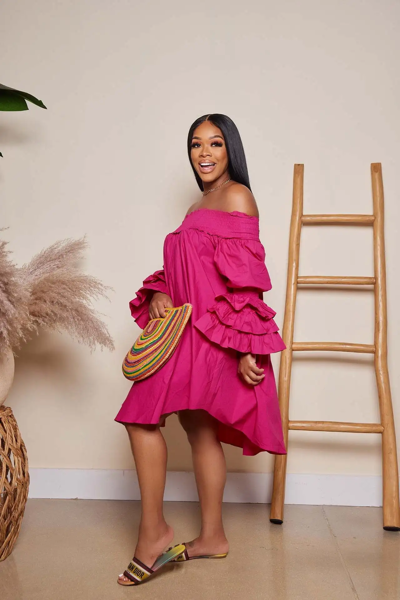 

Summer Off The Shoulder Loose Flounces Mini Dress Women Fashion Beach Style Solid Slash Neck Flounces Sleeve Dress Women