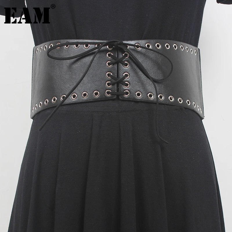 

[EAM] Pu Leather Black Bandage Elastic Wide Belt Personality Women New Fashion Tide All-match Spring Autumn 2023 1DF6636
