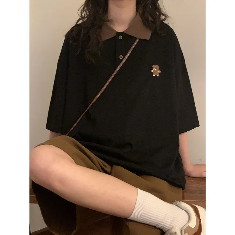 

Deeptown Preppy Style Bear Black T-shirts Women Streetwear 90s Vintage Polo Tshirts Harajuku Kawaii Oversize short Sleeve Top