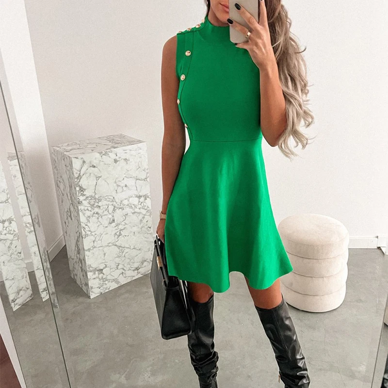 

Женское мини-платье без рукавов, зеленое ТРАПЕЦИЕВИДНОЕ ПЛАТЬЕ с круглым вырезом, элегантная вечерняя Клубная одежда на пуговицах, Весення...