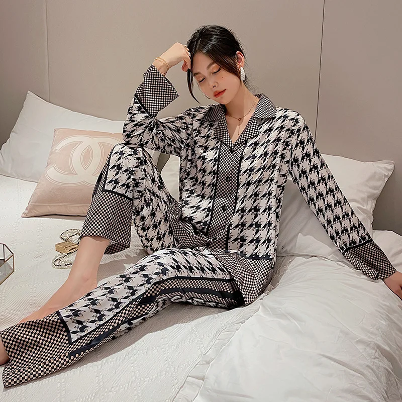 

Women's Pajamas Set Silk Homewear V Neck Sleepwear Contrast Color Houndstooth Casual Nightwear Femme Home Clothing