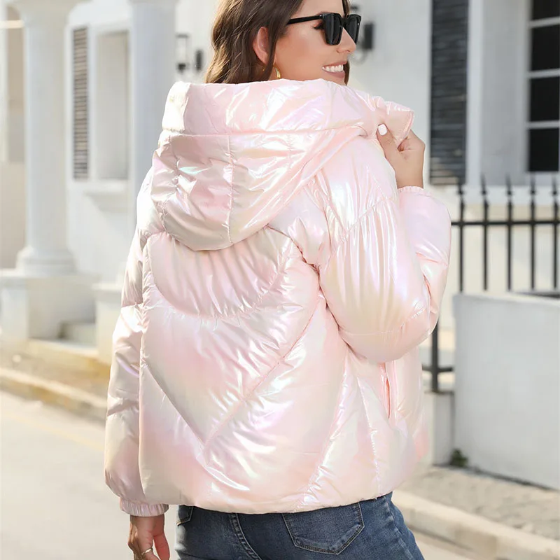 

2023 New Winter Shiny Warm Hooded Fashion Women Cotton Coat Women Parker Solid Color Women Cotton Jacket Female Overcoat T237