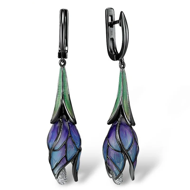 

Tulip Earrings 925 Sterling Silver Enamel Flower Dangle Earrings Handmade Fine Jewelry for Women Dangle Earrings
