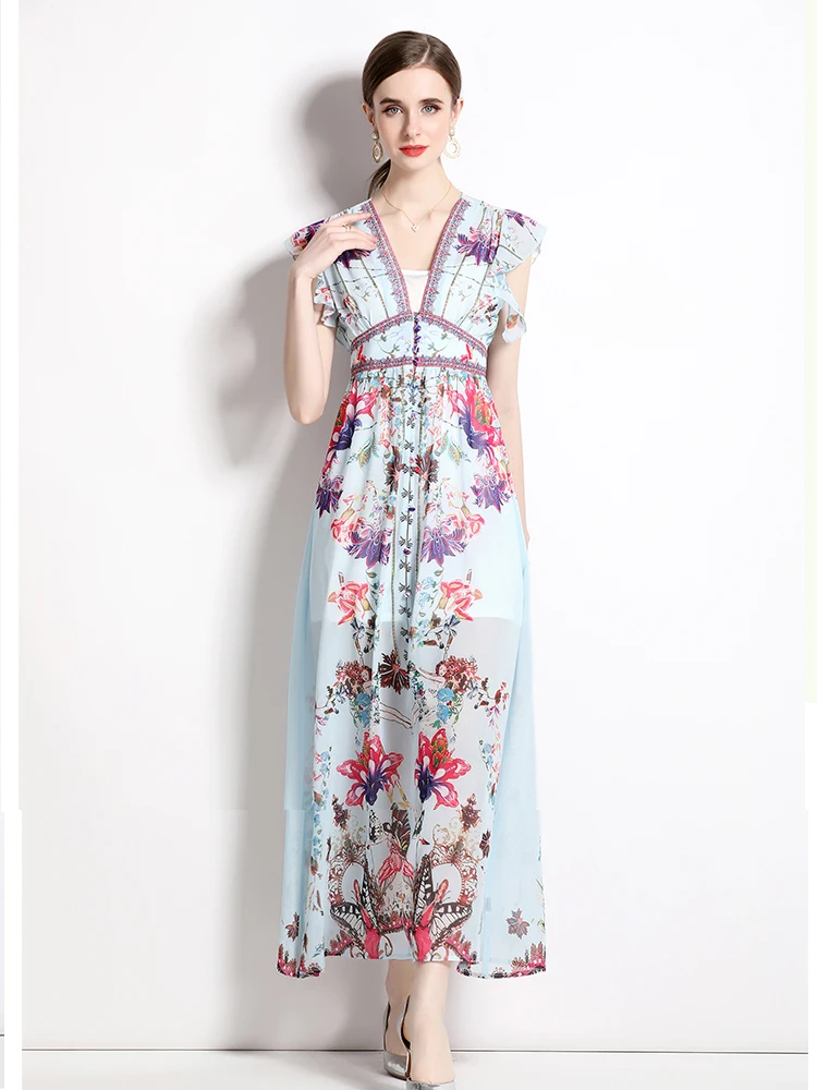 

Женское шифоновое платье с цветочным принтом, модельное длинное платье в стиле бохо с оборками, глубоким V-образным вырезом и длинным рукавом, 2023