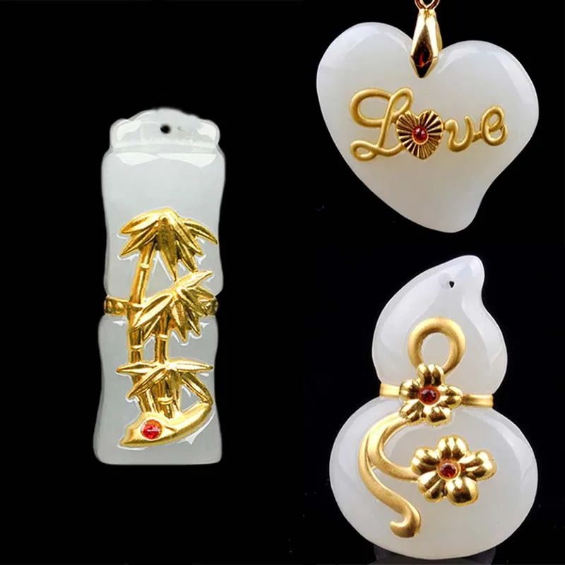 

Natural Hetian Jade Inlaid 24K Gold Bamboo&Love&Gourd Pendant Men Women Couples White Jade Necklace Pendant Boutique Jewelry