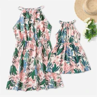 sleeveless mother daughter matching dresses family set leaf flower mommy and me clothes fashion woman girls dress outfits 2022