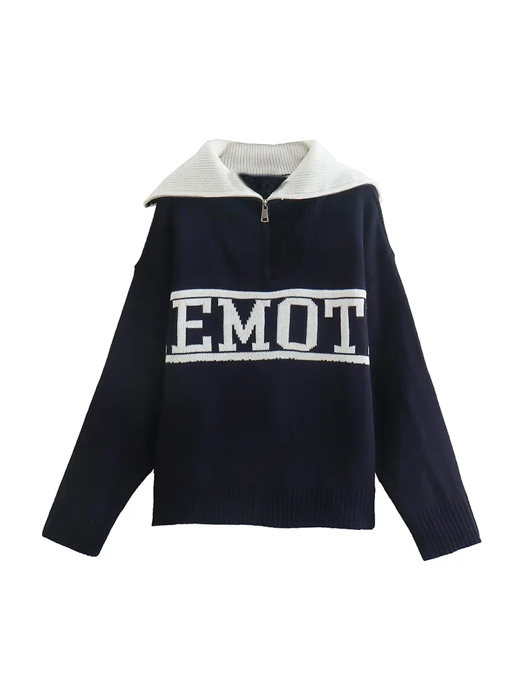 

Женский жаккардовый свитер с большими лацканами BM & MD & ZA, вязаный винтажный пуловер с длинными рукавами, с надписью, 2022