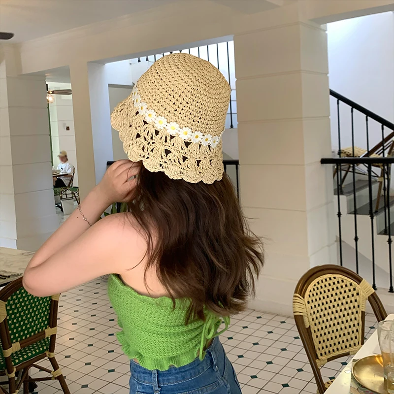 

Hollow Big Brim Fisherman Hat Ladies Summer Beach Vacation Breathable Sun Hats Small Fresh Personality Flower Elegant Bucket Hat