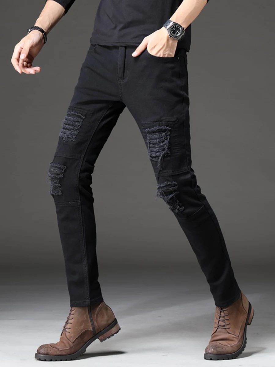 Four Seasons Men's Jeans Frayed Fashion Micro-elastic Small Straight Young Fashion Trousers Four Seasons Men Large Size Trousers