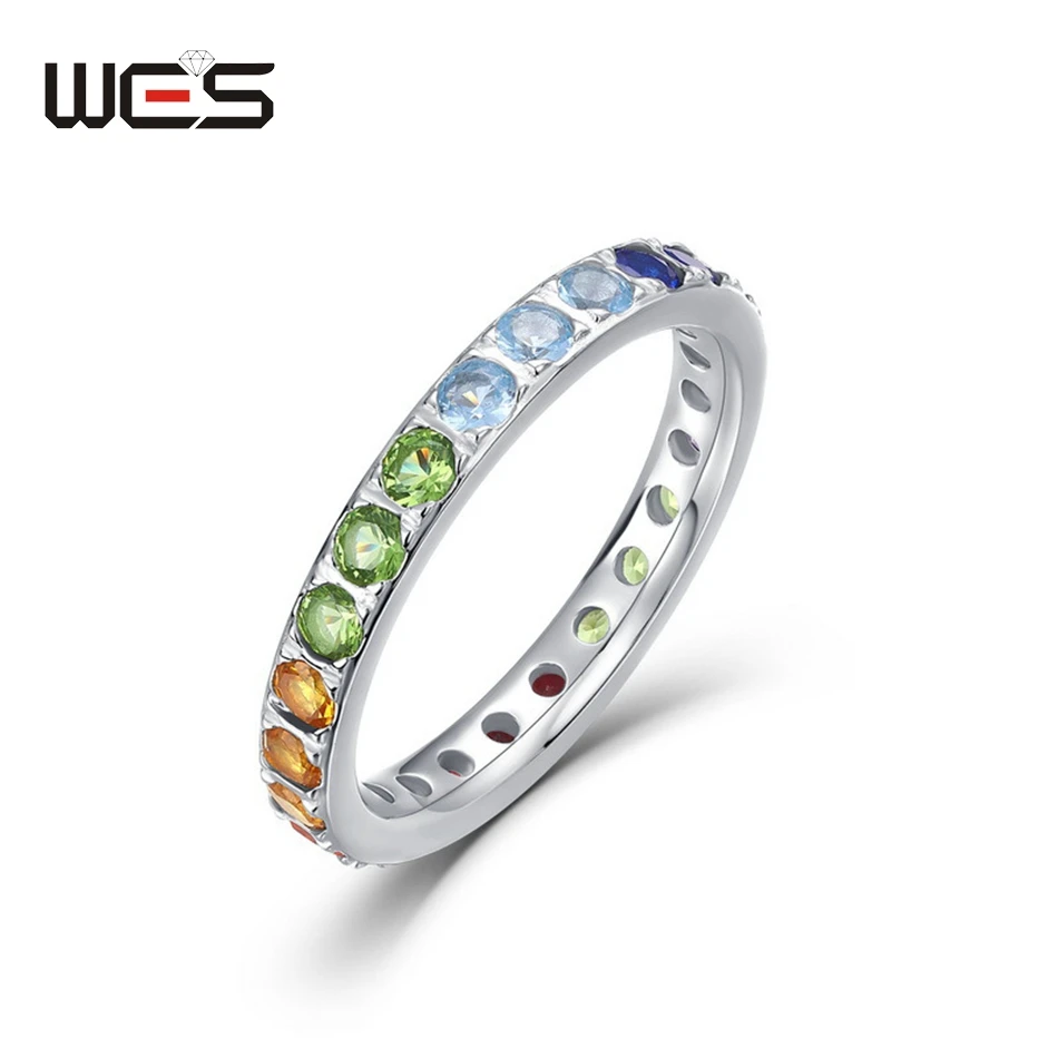 

WES 925 Sterling Silver Rings for Woman Friends Rainbow Crystal Colorful Zicron 2.5*2.5mm Party Wedding Christmas Gifts Jewelry
