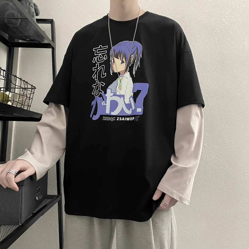 

Spring Men's Japanese Anime Long-sleeved T-shirt Fake Two-piece Loose Cotton Tees Unisex Maiden Print Pullover Tops Basic Tshirt