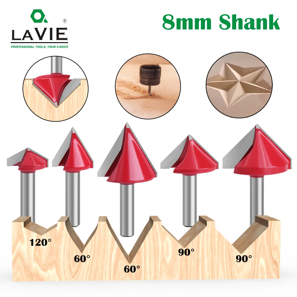LAVIE 8mm Shank 60 90 120 V Type Slotting Cutter Carving Grooving Tools router bit set Safety Milling Cutters