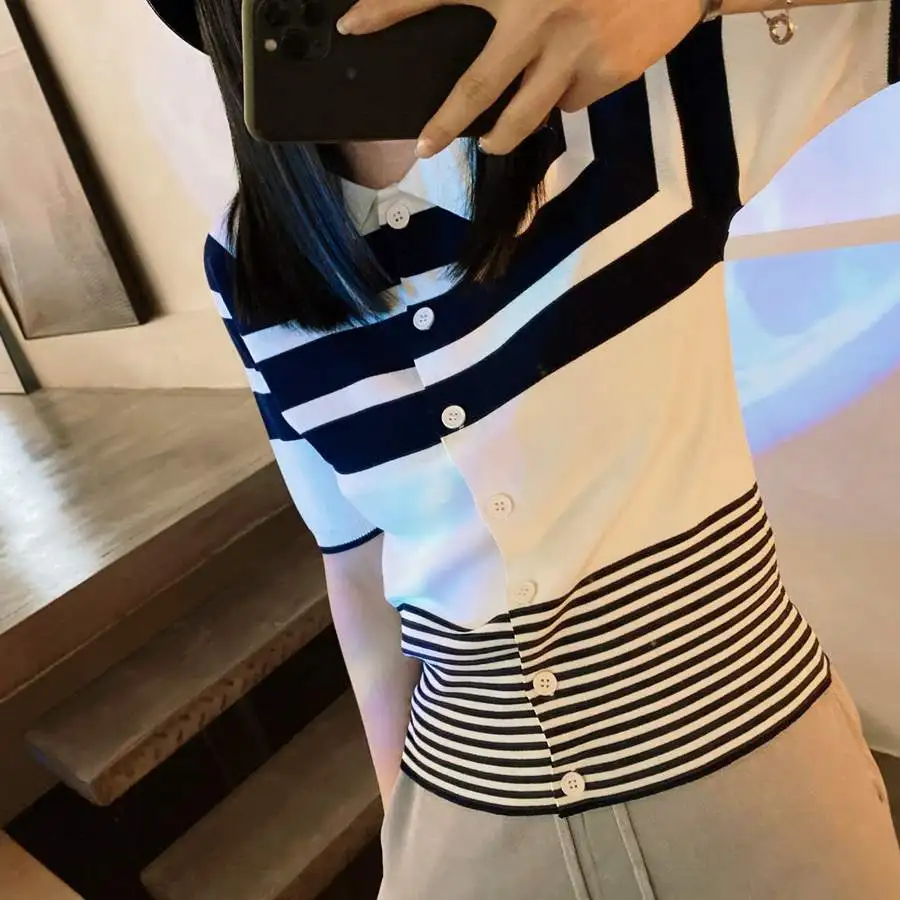 

Women Summer Knitted Polo Shirt Single-Breasted Cardigan 2022 New White Black Striped Short-Sleeved Knit Sweater T-Shirt ChicTop
