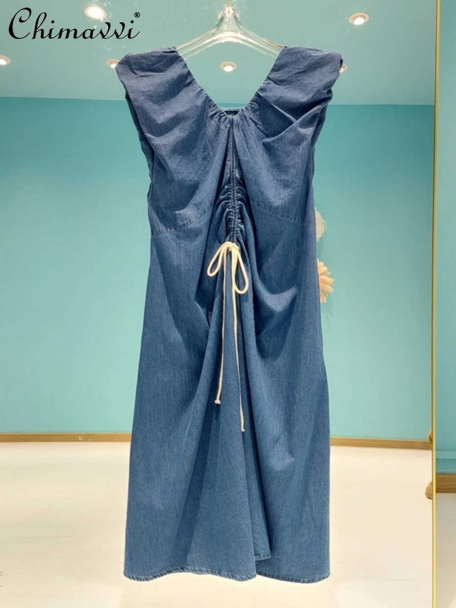 

Korean Fashion Design V-neck Sleeveless Solid Color Dress 2022 Summer New Drawstring Pleated High Waist Slim Temperament Dress