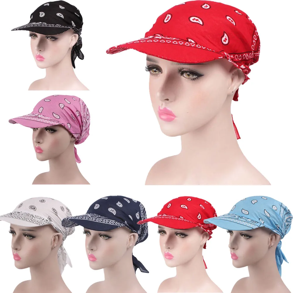 

Women Boho Paisley Floral Bandana Headscarf Tie Knot Sun Hat Summer Adjustable Cotton Baseball Cap Turban Square Visor Scarf Hat