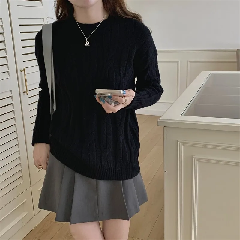 FINEWORDS винтажный зимний вязаный свитер с круглым вырезом женский корейский