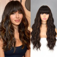 brown light blonde black long wavy wig have bangs wave heat synthetic fiber natural heat resistance for women daily wear