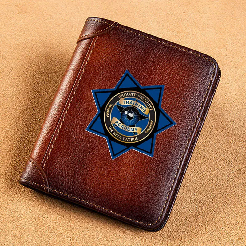 

High Quality Genuine Leather Private Security Training Academy Printing Card Holder Short Purse Luxury Brand Male Wallet