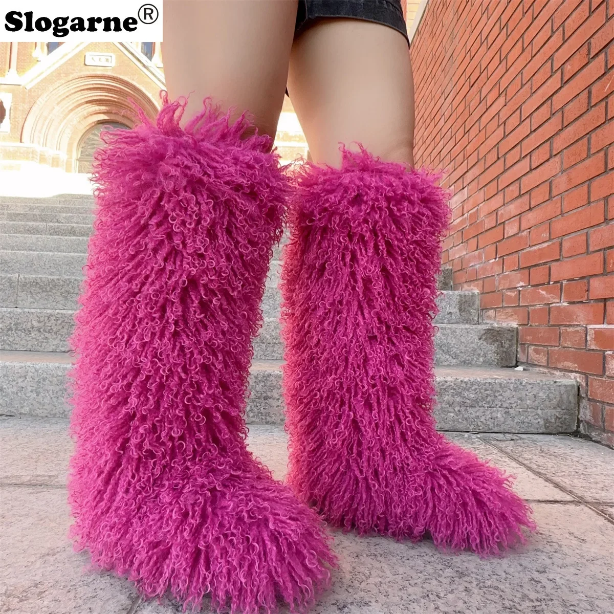 Зимние сапоги до колена из искусственного меха женские шерстяные зимние с