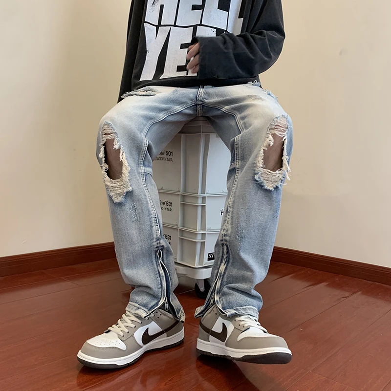 Men's Jeans Wide Leg Straight Jeans Ripped Street All-match Denim Trousers Men's Loose Casual Fashion Harajuku New Streetwear