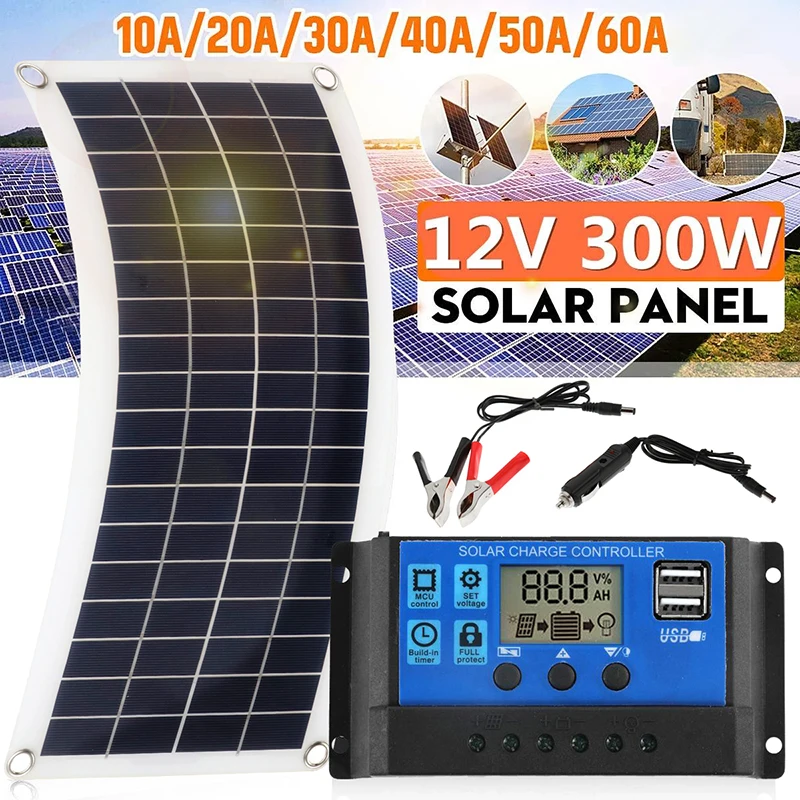 300W Solar Panel Kit 12V USB charging Cell Board Controller Portable Waterproof Cells for Phone RV Car MP3 PAD | Электроника