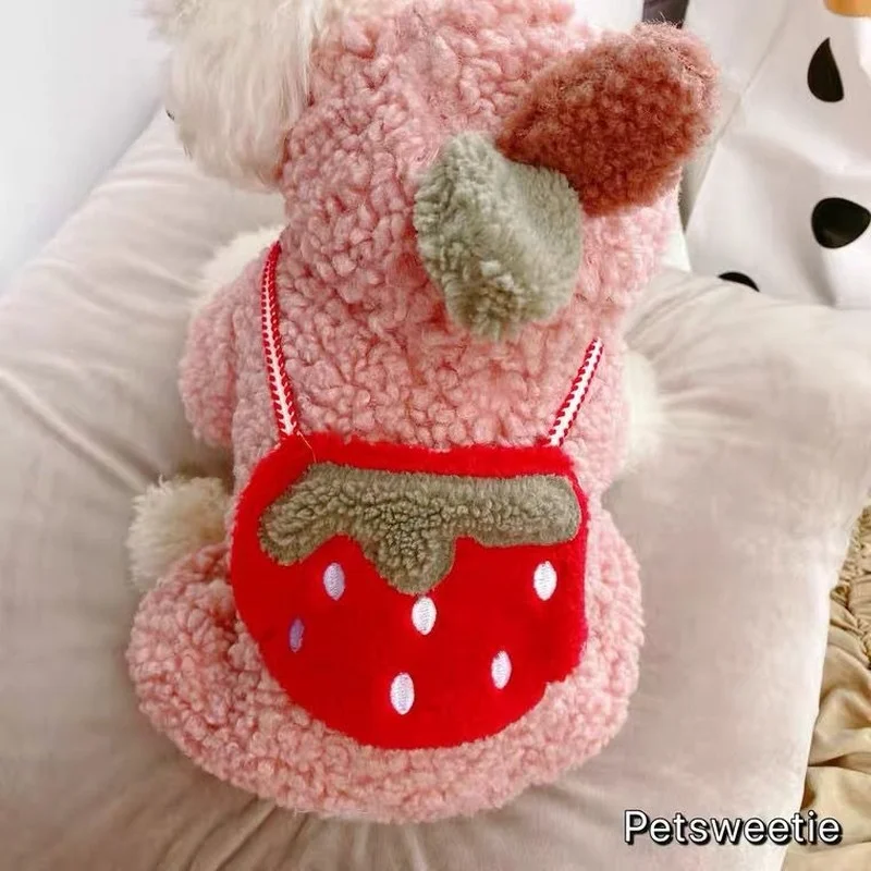 

Pet pink strawberry cotton coat winter plus velvet padded dog coat pet four-legged clothes lamb wool warm cat dog quilted jacket
