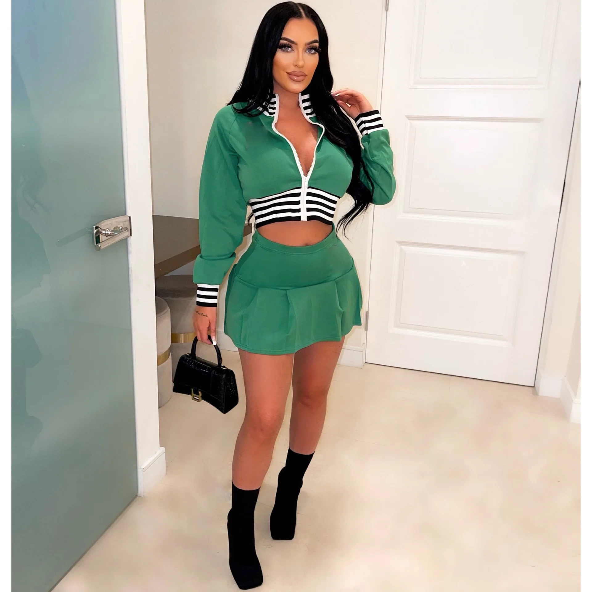 

Casual Baseball Women's Set Zipper Fly Track Jacket and A-line Skirts Suit Two 2Piece Set Outfti Tracksuit