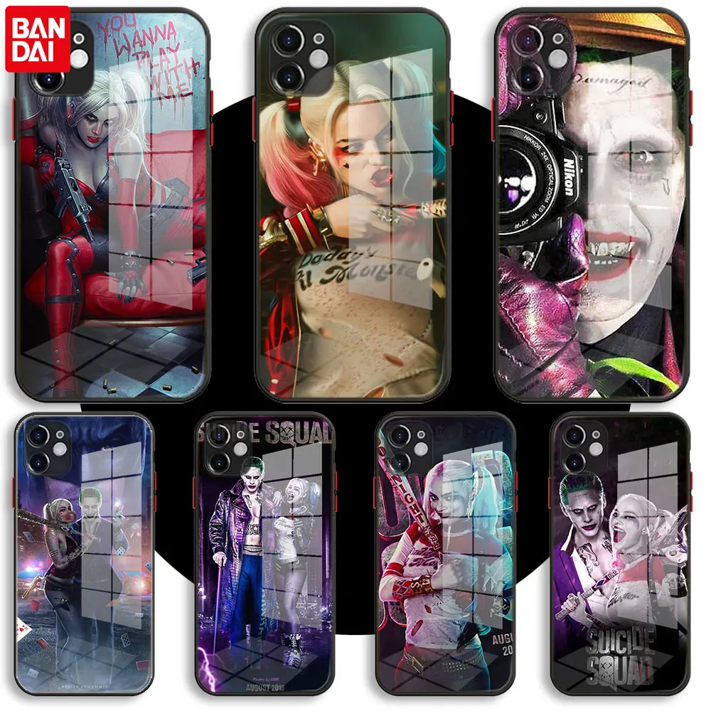 

BANDAI Black Glass Case For iPhone 13 11 12 Mini Pro Max XS XR X 7 8 6 Plus SE Silicone Cover Suicide Squad Joker Harley Quinn