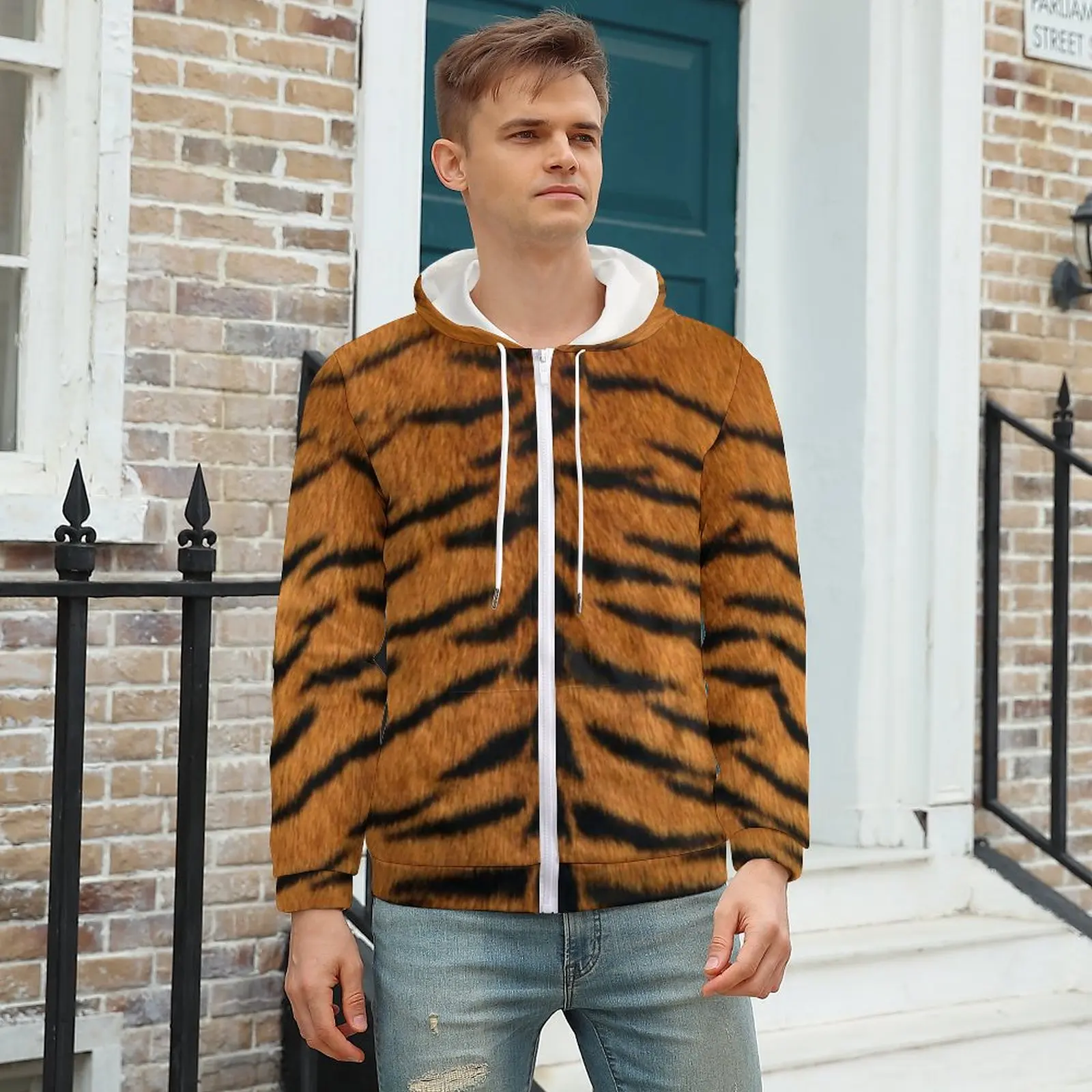

Tiger Skin Hoodies Modern Animal Print Autumn Polyester Hoodie Full Print Zip Up Hoodie For Men Plus Size XXXL