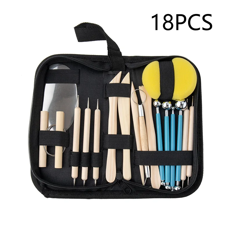 Cross Border Pottery Tools 18 Piece Suit Handmade Shot Stick Steel Wire Mud Cutter Stone Plastic Clay Carving Pen