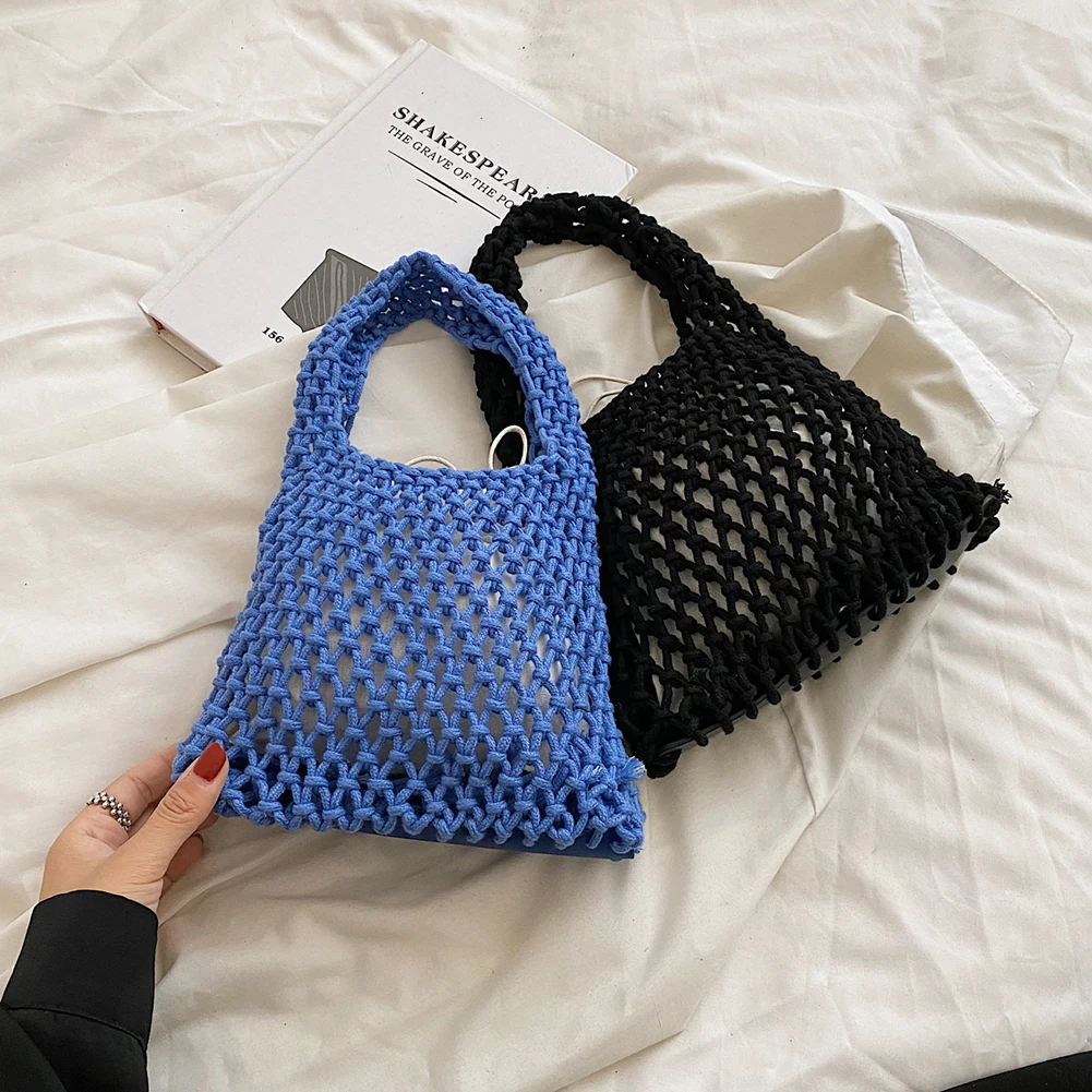 

New Crochet Beach Handbag for Girls Summer Straw Rope Hollow Out Hand Woven Totes Bag Women Hollow Knitting Handbag