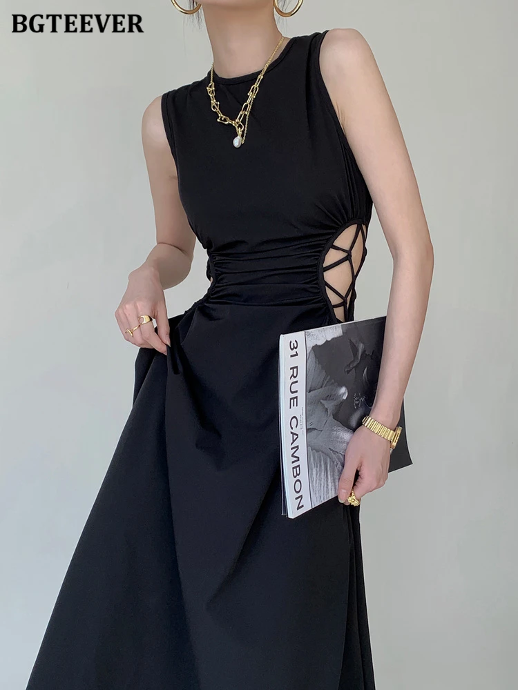 

BGTEEVER Chic O-neck Slim Women A-line Dress Spring Summer Sleeveless Hollow Out Female Dress Elegant Ladies Vestidos 2022